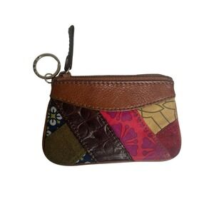 Fossil Multicolor Leather Suede Patchwork Zip Coin Card ID Key Chain Purse 3x5"